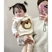 ins韩版秋冬装婴儿可爱卡通，加绒马甲背心上衣，男女宝宝洋气三件套