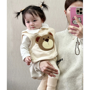 ins韩版秋冬装婴儿可爱卡通加绒马甲，背心上衣男女宝宝洋气三件套