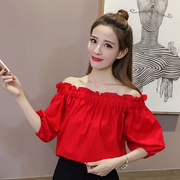 韩版夏季半袖一字领百搭显瘦上衣，时尚气质衬衫露肩红色少女装