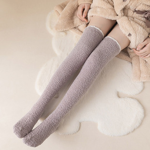 珊瑚绒保暖女士袜子高筒甜美加绒加厚地板袜日系纯色秋冬家居袜