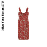 棉洋夏季红色碎花，宽肩带长款连衣裙，澳洲度假吊带裙复古开叉长裙