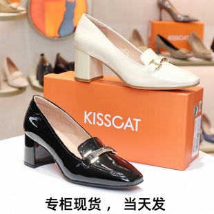 KISSCAT接吻猫2024牛皮粗跟方头漆皮乐福鞋女单鞋KA43504-10