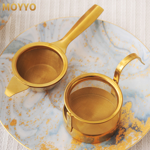 moyyo英式304加厚不锈钢金色，茶漏茶滤网，下午茶红茶花茶器配小深托