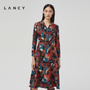 LANCY/朗姿棉羊毛2022秋季衬衫连衣裙子女印花收腰长袖裙子女