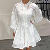 复古重工立体3D蕾丝花朵刺绣连衣裙灯笼袖绑带白色淑女短裙两件套