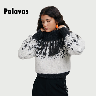 Palavas秋冬油画少女系列 丛林秘境黑色流苏毛衣 针织衫女上衣