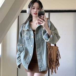 实拍 做旧百搭炸街牛仔外套女休闲宽松设计感美边破洞夹克上衣