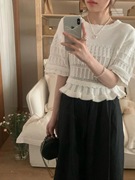 法式荷叶花边裙摆短款上衣女独特设计感镂空针织短袖薄款T恤夏季