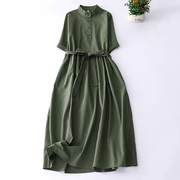 夏季进口亚麻文艺复古旅，行长款连衣裙高腰腰带立领绿色裙子