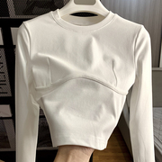 纯棉白色长袖T恤女春秋鱼骨设计感修身短款小个子打底衫上衣