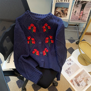 韩系复古刺绣花朵针织开衫气质，上衣女秋季小个子短款毛衣外套