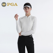 美国PGA 高尔夫服装女士长袖T恤 柔软高弹拉链立领golf运动面料