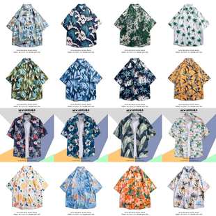 东南亚热带风情夏威夷短袖花衬衫五分袖，男女情侣沙滩，夏季花(夏季花)衬衣薄