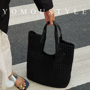 yomou镂空暗黑手工编织尼龙，布大容量托特子母，购物袋腋下手提大包