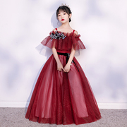 酒红色秋冬女童公主裙，蓬蓬纱洋气，儿童连衣裙模特走秀钢琴演出礼服