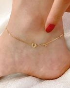 韩国纯14k黄金脚链女时尚，个性简约锆石马蹄，细款可调节脚链女礼物