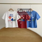 120-160码韩版童装夏男女童做旧气球，印花棉圆领短袖，打底衫t恤