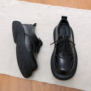 2024秋黑色松糕小皮鞋，欧美复古大头休闲鞋增高厚底，英伦风工装单鞋