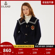 ELAND衣恋2021年冬季海军领学院风牛角扣短款羊毛毛呢外套女