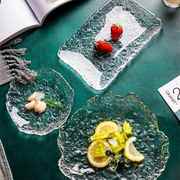 日式水晶玻璃茶盘手工冰露不规则简约水果圆餐盘，寿司长盘壶承碟子