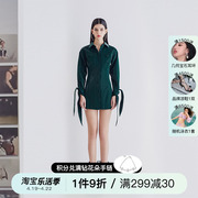 MIMI PLANGE 品牌原创墨绿色复古单排扣绑带工装皮质外套
