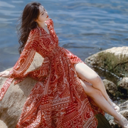 夏新女装波西米亚海边沙滩度假风短袖深V大摆百褶印花连衣裙