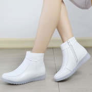 秋冬季女鞋平跟短靴女真皮白色靴子护士鞋牛筋底工作鞋加绒棉靴