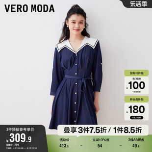 Vero Moda奥莱连衣裙子春秋收腰海军领撞色七分袖通勤女百搭