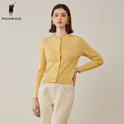 polowalk黄色针织衫女士2024春季款，温柔绞花质感上衣圆领开衫外套
