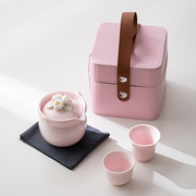 粉色捏花旅行茶具套装，一壶两杯快客杯户外露营泡茶壶茶杯便携收纳