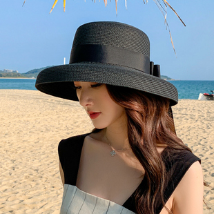 复古法式赫本黑色，网红草帽遮阳防晒海边沙滩帽子女春夏大沿太阳帽