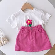 夏季女童玫红立体花朵白T恤玫红半身裙套装洋气宝宝短袖两件套女