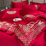 高档中式刺绣婚庆四件套，大红色全棉床单被套结婚床上用品六件套新