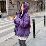 紫色连帽短款羽绒棉衣，棉服女冬季外套今年流行韩系温柔小个子棉袄