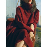 秋冬红色新年高领毛衣裙子，中长款慵懒气质内搭配大衣过膝连衣裙厚