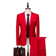 蓝色西装套装男生大红色商务，休闲正装西服二件套新郎结婚礼服外套
