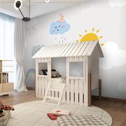 北欧儿童房壁纸女孩卧室，简约c壁纸卡通白云，壁画公主房粉色温