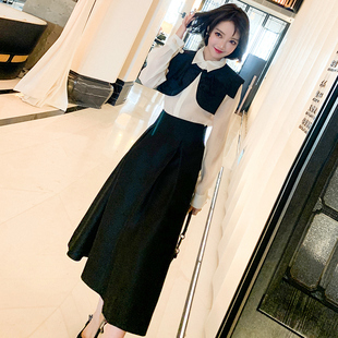 MIUCO中式披肩黑色娃娃领+白色衬衫上衣+高腰伞摆半裙套装