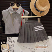 女童套装学院风polo领条纹蝙蝠衫百褶短裙，两件套2024夏装