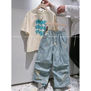 波拉韩国童装2024夏季男女童时尚，短袖休闲蓝色粗体数字潮t恤