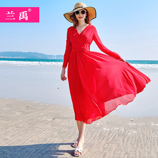 三亚巴厘岛海边度假沙滩裙超仙红色连衣裙女旅游裙子波西米亚长裙