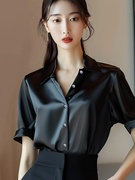 丝绸缎面黑色短袖衬衫女夏季大码洋气时尚衬衣设计感法式上衣