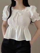 韩国chic夏季减龄气质方领打揽蝴蝶结，娃娃衫女甜美泡泡袖短袖衬衫