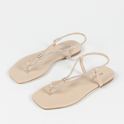 欧美平底夹脚罗马凉鞋夏季时尚夹趾沙滩鞋镂空低跟水钻凉拖鞋