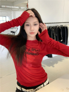 美式辣妹字母印花长袖T恤女装夏季薄款防晒罩衫修身红色透视上衣