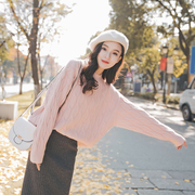很仙的毛衣女韩版圆领慵懒风套头宽松针织衫粉色秋冬麻花上衣