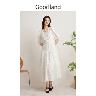 goodland美地2024春夏，系列度假风，法式绣花白色连衣裙长裙