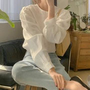 韩国2024秋季雪纺长袖，上衣法式泡泡袖圆领，白色衬衫女
