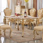 欧式大理石餐桌椅组合全实木，香槟色雕花6-8人轻奢长方形家用饭桌