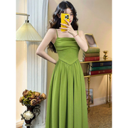 橄榄绿吊带连衣裙女夏复古法式气质裙子，森系法式披肩吊带裙两件套